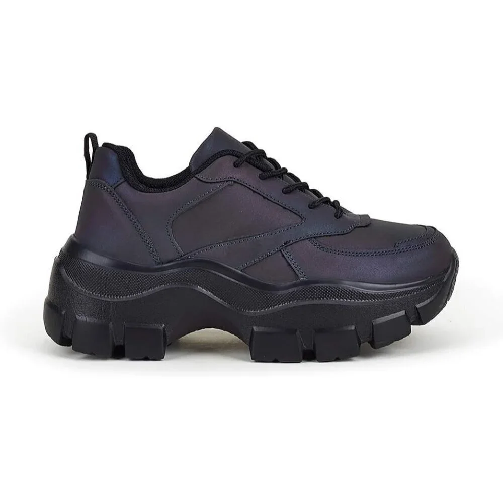 Women Charcoal Platform Fuchsia Hologram Casual Lace-Up Sneakers